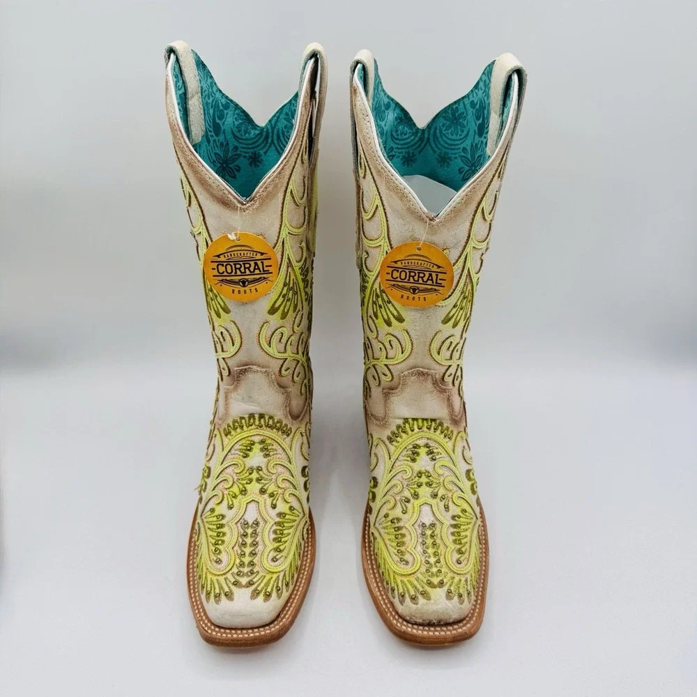 Corral Studded Boots Women's Size 6 M White Floral Green Leather Square Toe‎